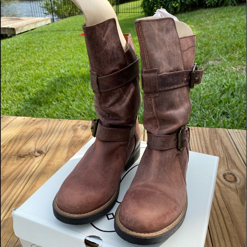 Steve Madden Caveat Cognac, Buckle Mid-Calf Moto Boots, Women's Size 9
